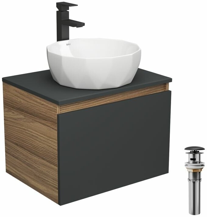 Комплект для ванной, 4 предмета (тумба Bau 60, графит + раковина на столешницу BAU Diamond D40 + смеситель Hotel Black, выпуск клик-клак, черный)