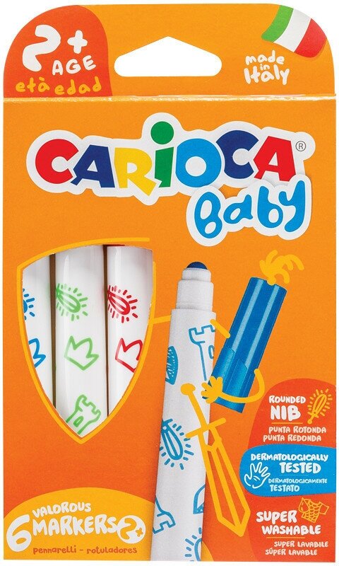 Фломастеры Carioca "Baby", 06цв, утолщенные, смываемые, картон, европодвес, 245466