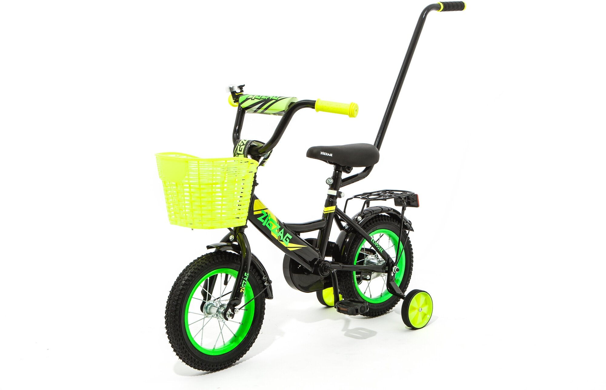 Детский двухколесный велосипед 12" ZIGZAG CLASSIC черный/желтый с ручкой для детей от 2 до 4 лет на рост 75-95см (требует финальной сборки)
