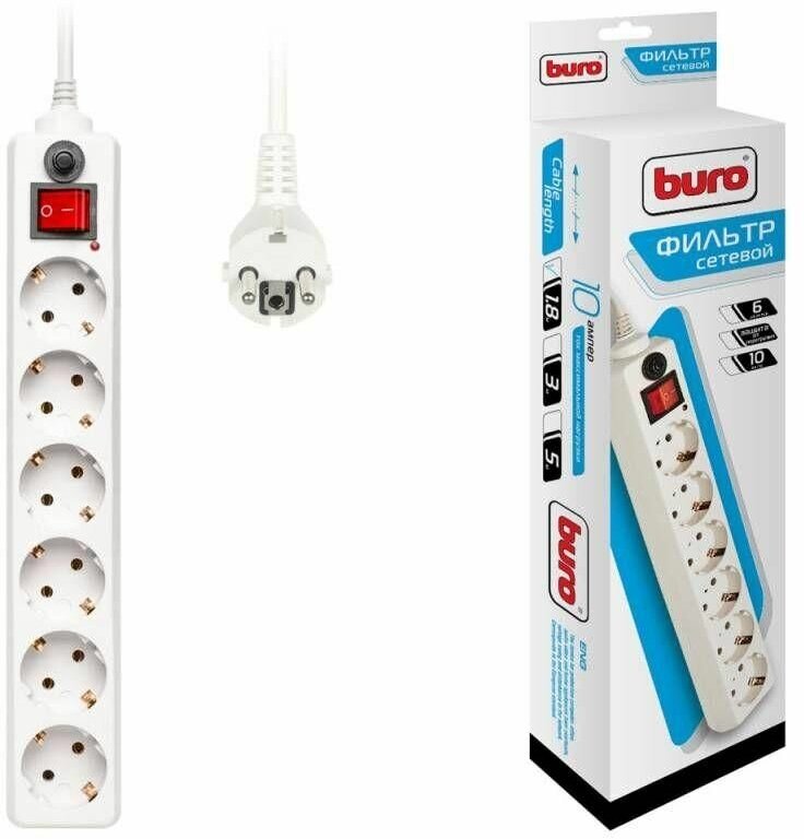 Удлинитель с сетевым фильтром 6х1.8м с заземл. 10А IP20 600SH-1.8-W 2.2кВт CCA бел. BURO 992246