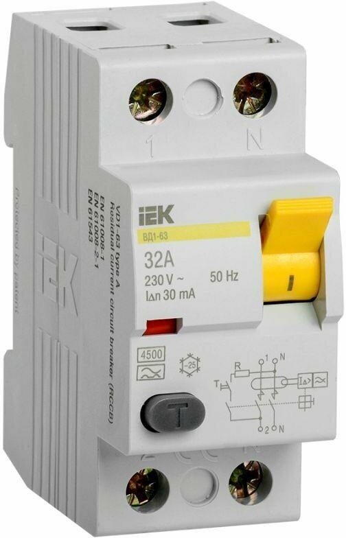 Выключатель дифференциального тока IEK ВД1-63 2П 32А 30мА тип A, MDV11-2-032-030