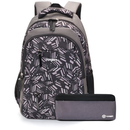 Рюкзак TORBER CLASS X, серый с орнаментом, полиэстер, 45 x 30 x 18 см + Пенал в подарок! рюкзак clipstudio подростковый 45 x 30 x 18 см