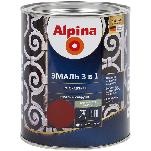 Эмаль по ржавчине 3 в 1 Alpina цвет красно-коричневый 0.75 л