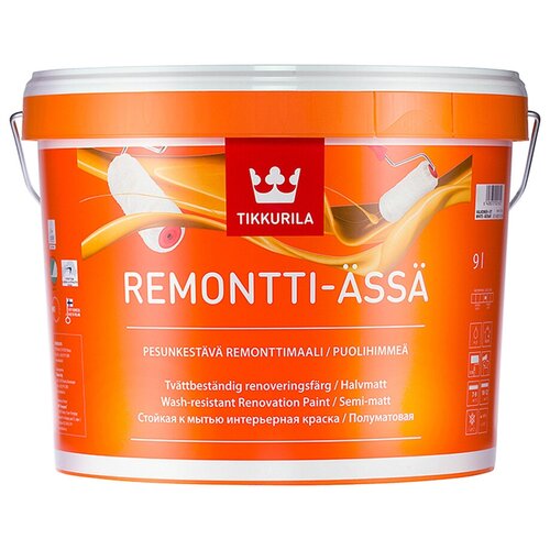 Краска акриловая Tikkurila Remontti-Assa полуматовая бесцветный 9 л 10.8 кг краска акриловая tikkurila helmi 30 влагостойкая моющаяся полуматовая бесцветный 0 9 л 1 1 кг