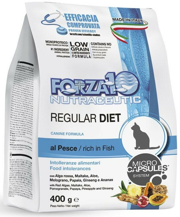 Forza10 Regular Diet сухой корм для взрослых кошек при аллергии и повышенной чувствительности к животным белкам с рыбой - 400 г