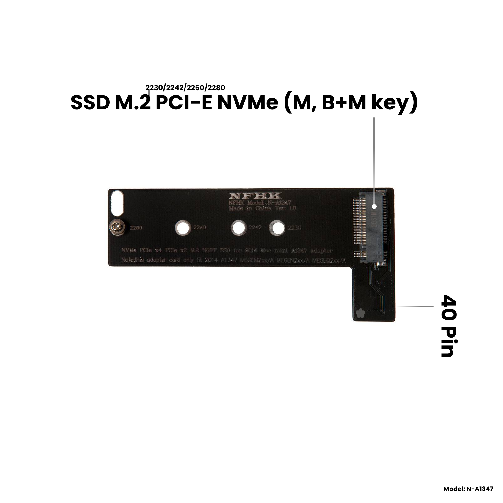 Адаптер-переходник для установки SSD M.2 2230-2280 PCI-E NVMe (M B+M key) в разъем 40 Pin на Mac mini A1347 Late 2014 черный NFHK N-A1347