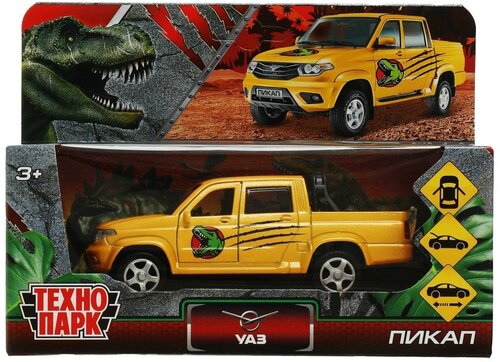 Машина металл Уаз пикап динозавры, 12 см желтый, Технопарк PICKUP-12DIN-YE