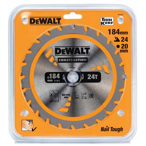 фото Dewalt пильный диск dewalt dt1951-qz construction п/дер. с гвоздями 184/20 24 atb +18°