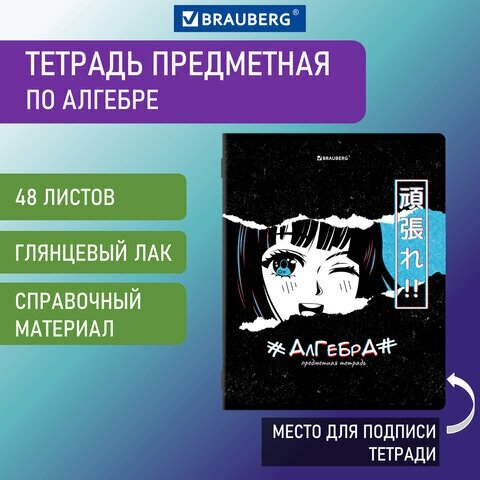 Тетрадь предметная "ANIME" 48 л, глянцевый УФ-лак, алгебра, клетка, BRAUBERG, 404532