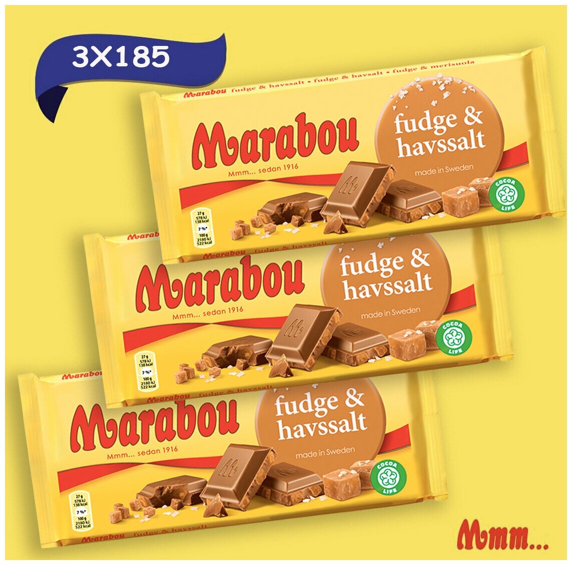 Marabou (Марабу), Шведский молочный шоколад с мягкой карамелью и морской солью Fudge & Havssalt 3x185 гр.