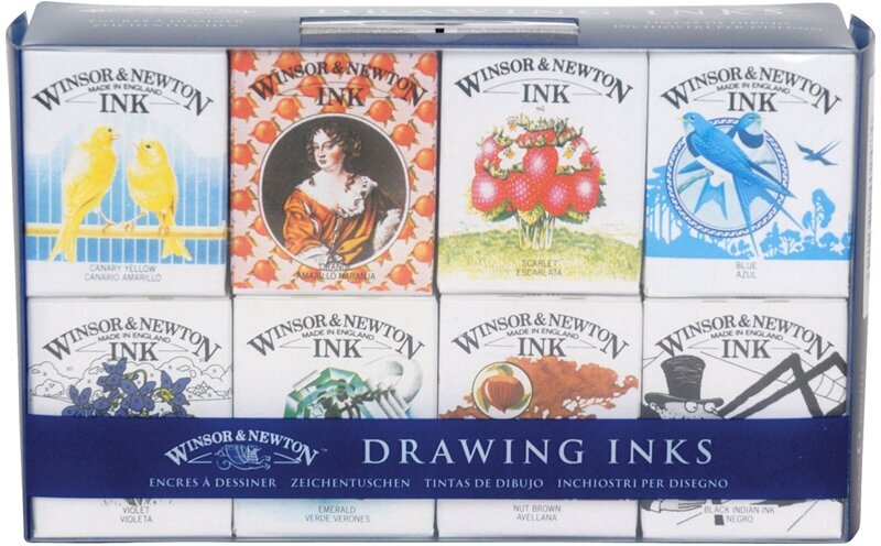 Набор туши художественной Winsor&Newton для рисования, коллекция Генри, 08цв, 14мл, стекл. флакон, картон/блистер коробка