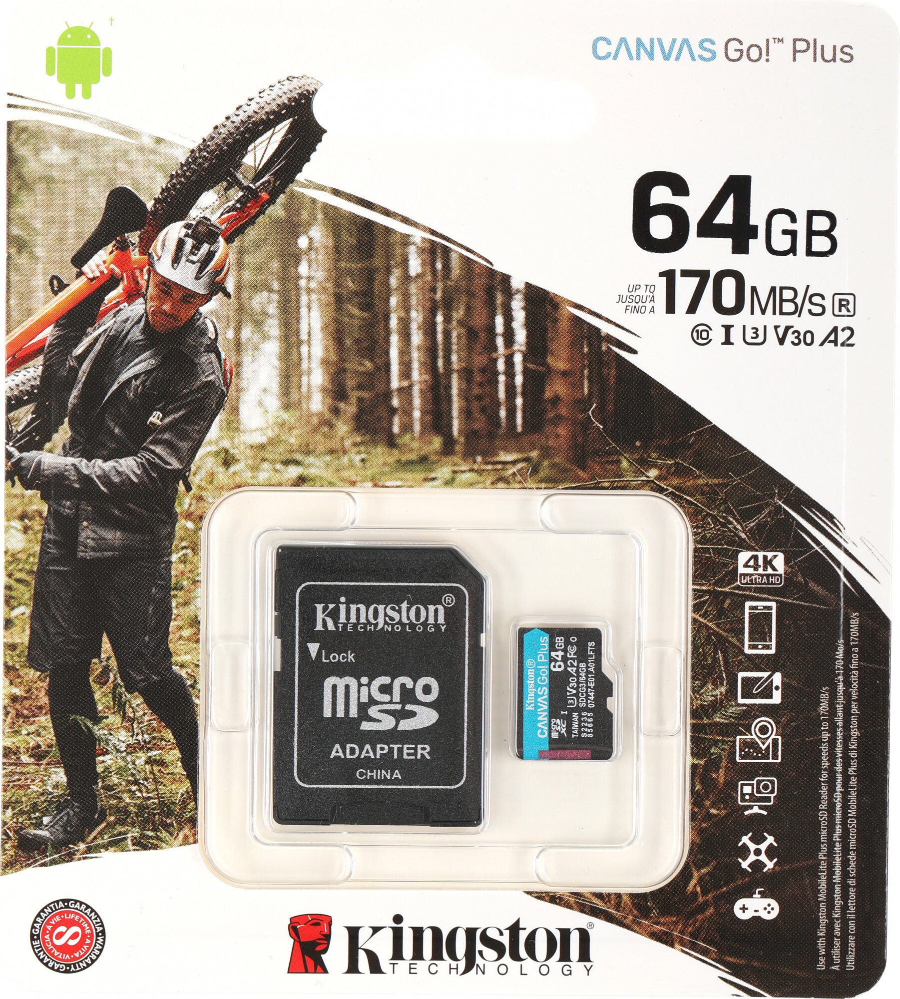 Карта памяти microSDXC UHS-I U3 KINGSTON Canvas Go! Plus 64 ГБ, 170 МБ/с, Class 10, , 1 шт., переходник SD - фото №2