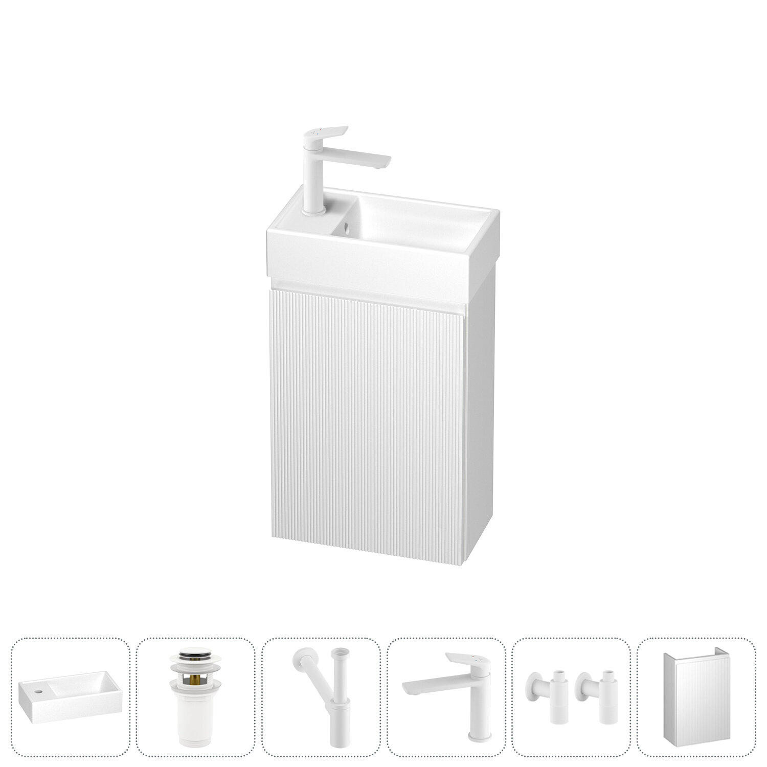 Тумба с раковиной Wellsee WC Area 40 L подвесная, белый матовый (донный клапан, сифон, смеситель, угловые вентили (цвет набора матовый черный)) - фото №1