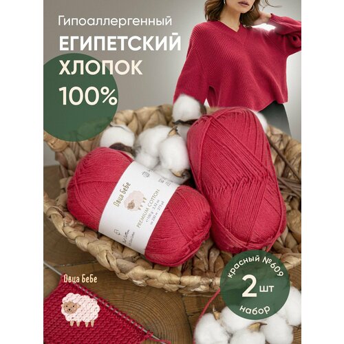Пряжа для вязания Premium Cotton Giza, цвет красный (набор из 2 шт), 100% мерсеризованный хлопок