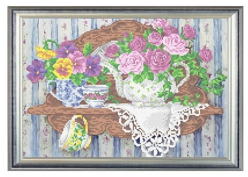 Канва/ткань с нанесенным рисунком на ткани для вышивки бисером RK LARKES "Сервиз с цветами 2", 26x38 см