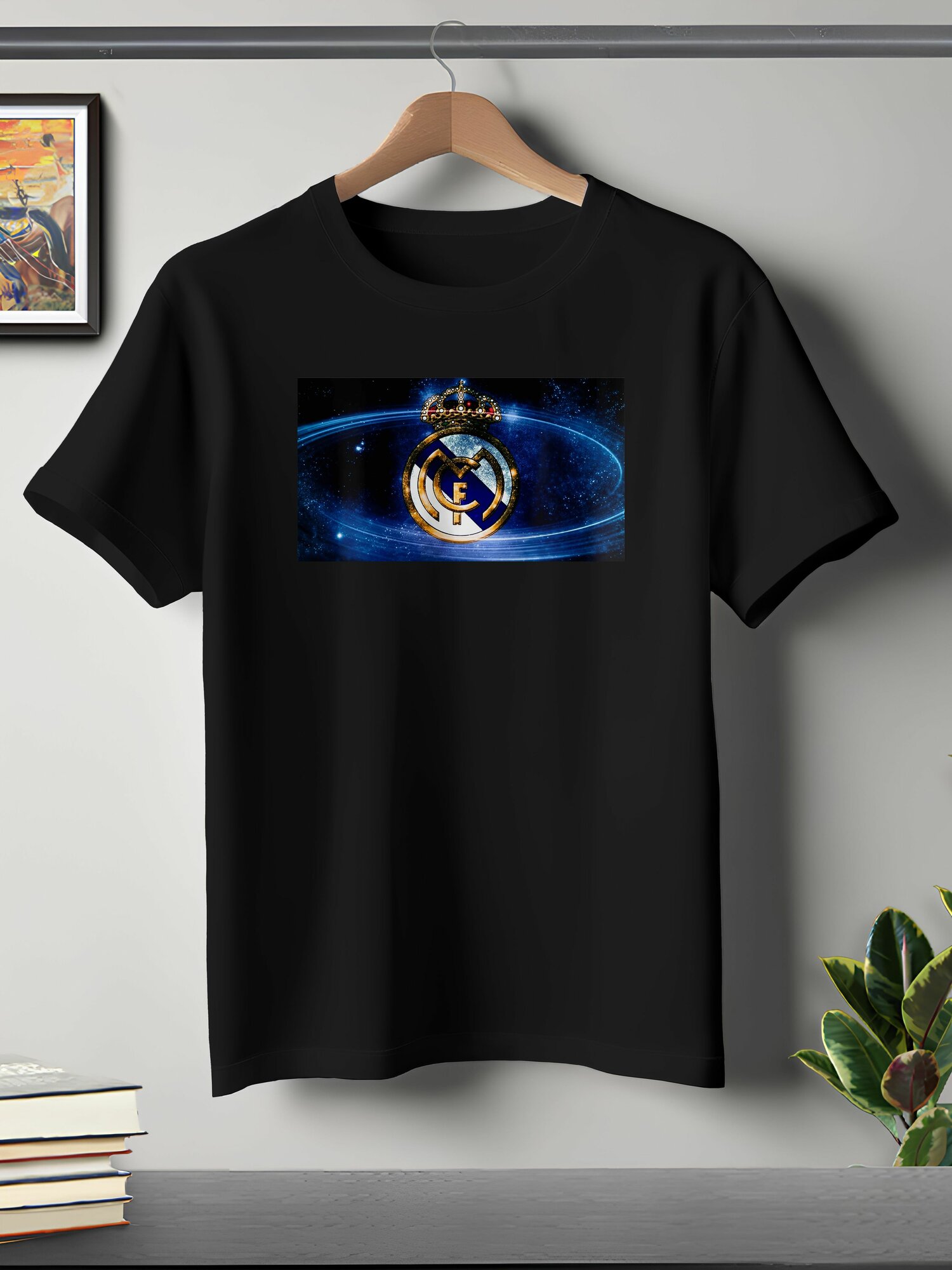 Футболка ONEQ унисекс 50-52 (XL) размер с принтом Реал Мадрид, черная, размер XL, черный