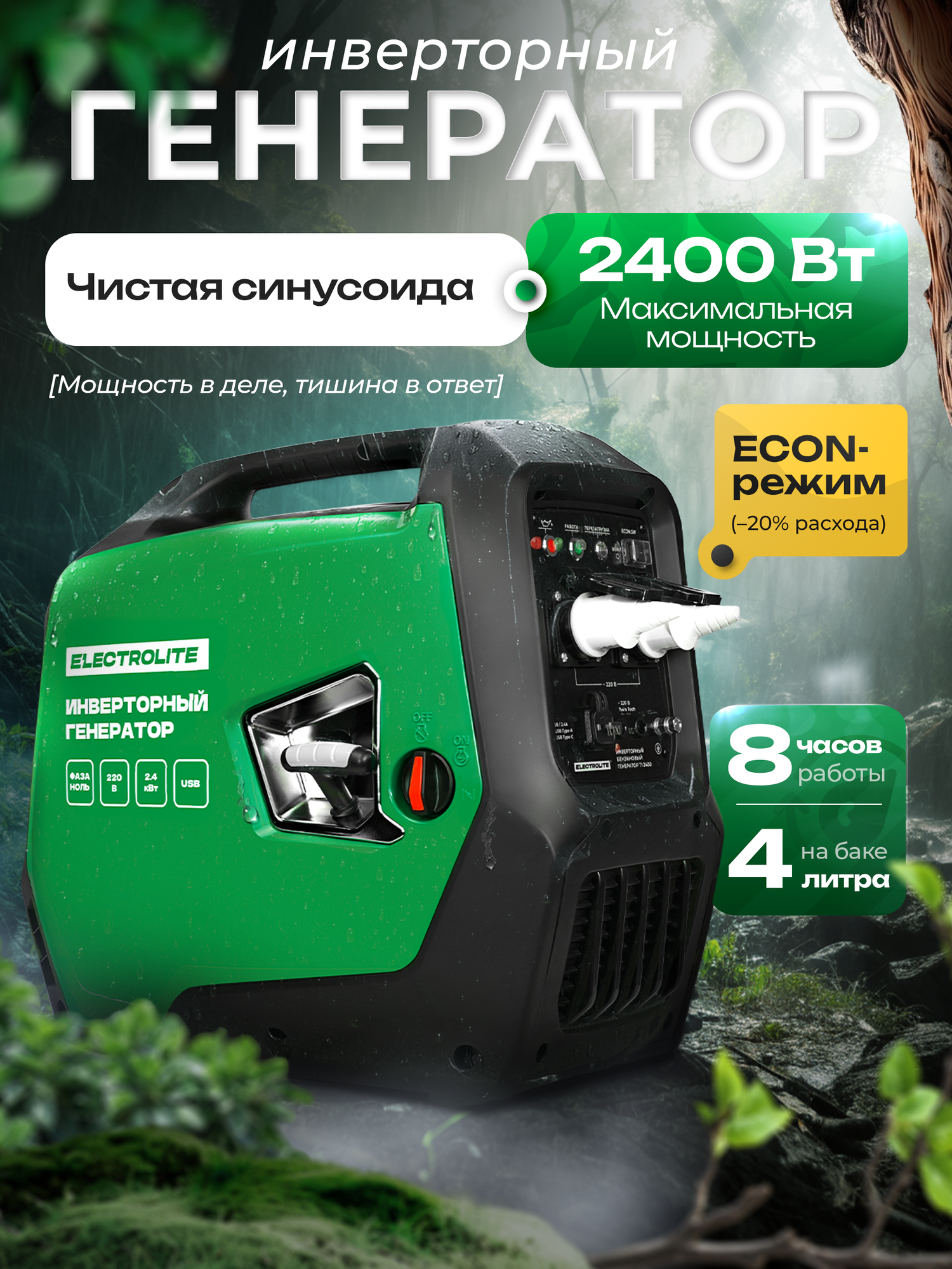 Генератор бензиновый инверторный Electrolite TI 2400 2.4 кВт 4х тактный 37 л. с ручной стартер 23кг 2 розетки