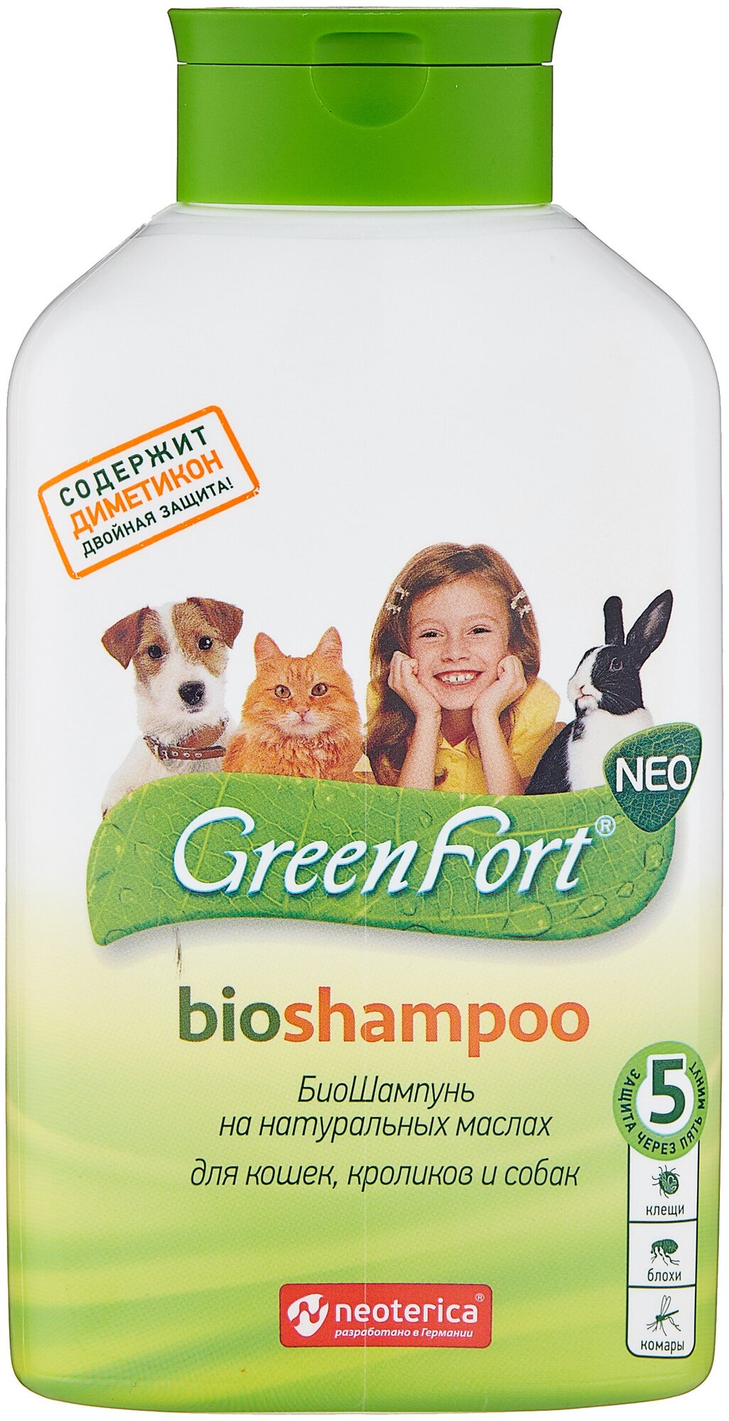 БиоШампунь от клещей и насекомых GreenFort NEO, для кошек, кроликов и собак, 380 мл