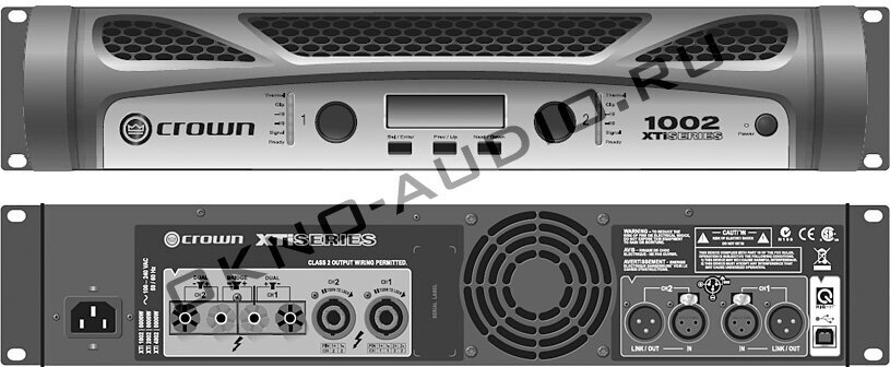 Crown XTi1002 усилитель 2-канальный с DSP. Мощность (на канал): 700Вт 2Ом, 500Вт 4Ом, 275Вт 8Ом. Мощность (мост): 1400Вт 4Ом, 1000Вт 8Ом.