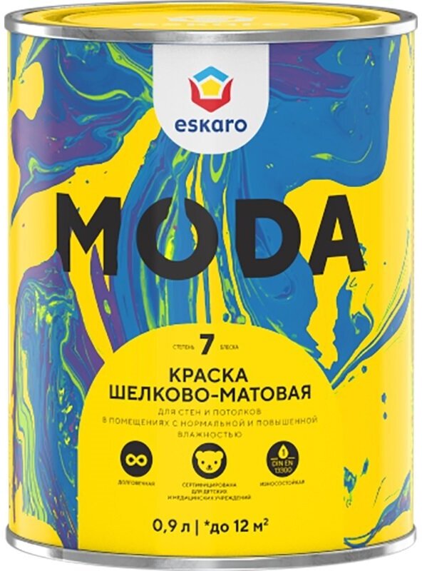 Краска акриловая ESKARO Moda 7 база А для стен и потолков 09л белая шелково-матовая