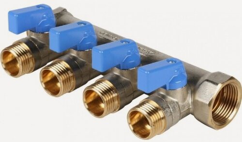 Изображение товара Коллектор Stout с шаровыми кранами 3/4", 4 отвода 1/2" (синие ручки)