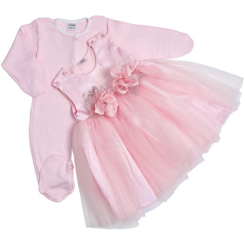 Нарядный комплект для девочки: комбинезон с платьем, розовый, Магнолия праздничный, на выписку, на крестины 24 (74-80) 6-9 мес.