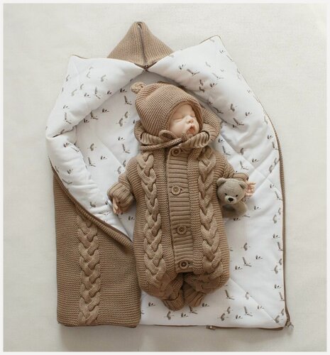 Изображение товара Зимний вязаный детский комплект на выписку, 3 предмета, 30% шерсть, MAMINY ZAPISKY, 62 размер (0-3мес), шоколад/журавли