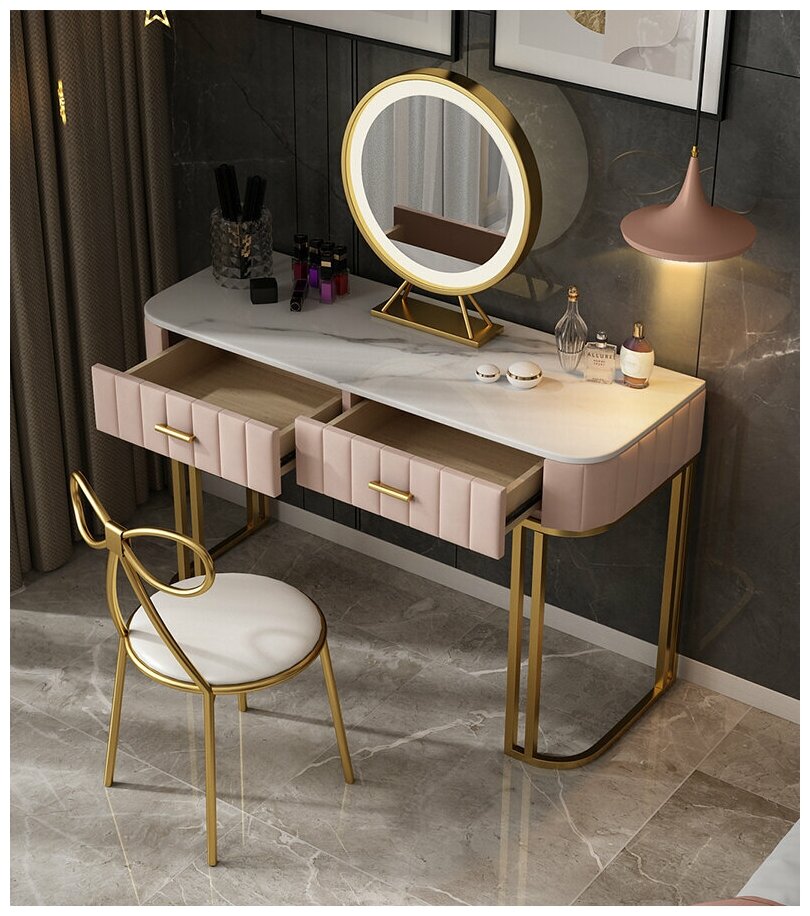 Туалетный столик на металлических ножках с мраморной столешницей и зеркалом (только столик 2 ящика с тумбой 100*40*75 розовый (без зеркала и стула)) - фотография № 3