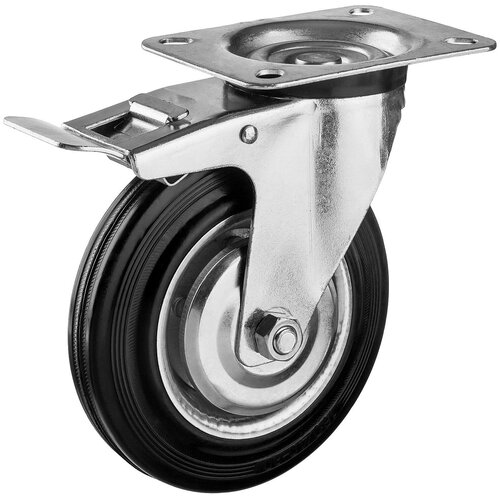 Колесо поворотное c тормозом d=160 мм, г/п 145 кг, резина/металл, игольчатый подшипник, Зубр Професс .