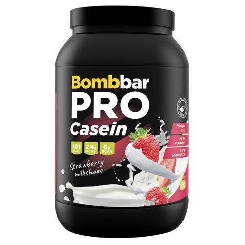 Протеин BOMBBAR PRO Casein, 900 гр., клубничный милкшейк протеиновые батончики bombbar без сахара набор 10x60г манго банан бомбар protein bar состав польза для похудения