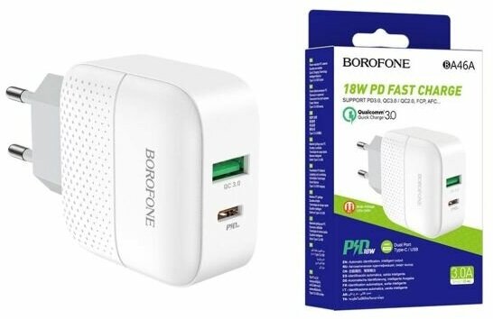 Сетевое зарядное устройство Borofone BA46A Premium + кабель USB Type-C-Lightning 18 Вт