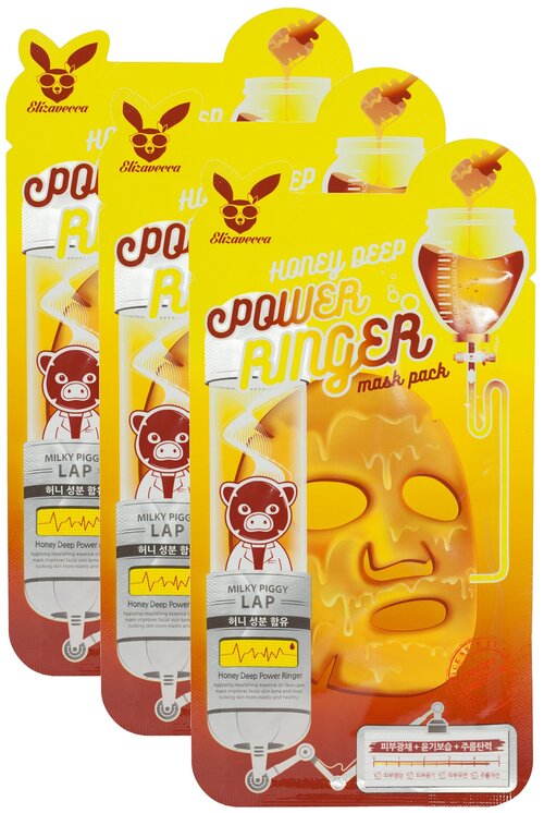 Elizavecca питательная тканевая маска с экстрактом мёда Honey Deep Power Ringer Mask Pack, 3 шт. по 23 мл, 3 уп.