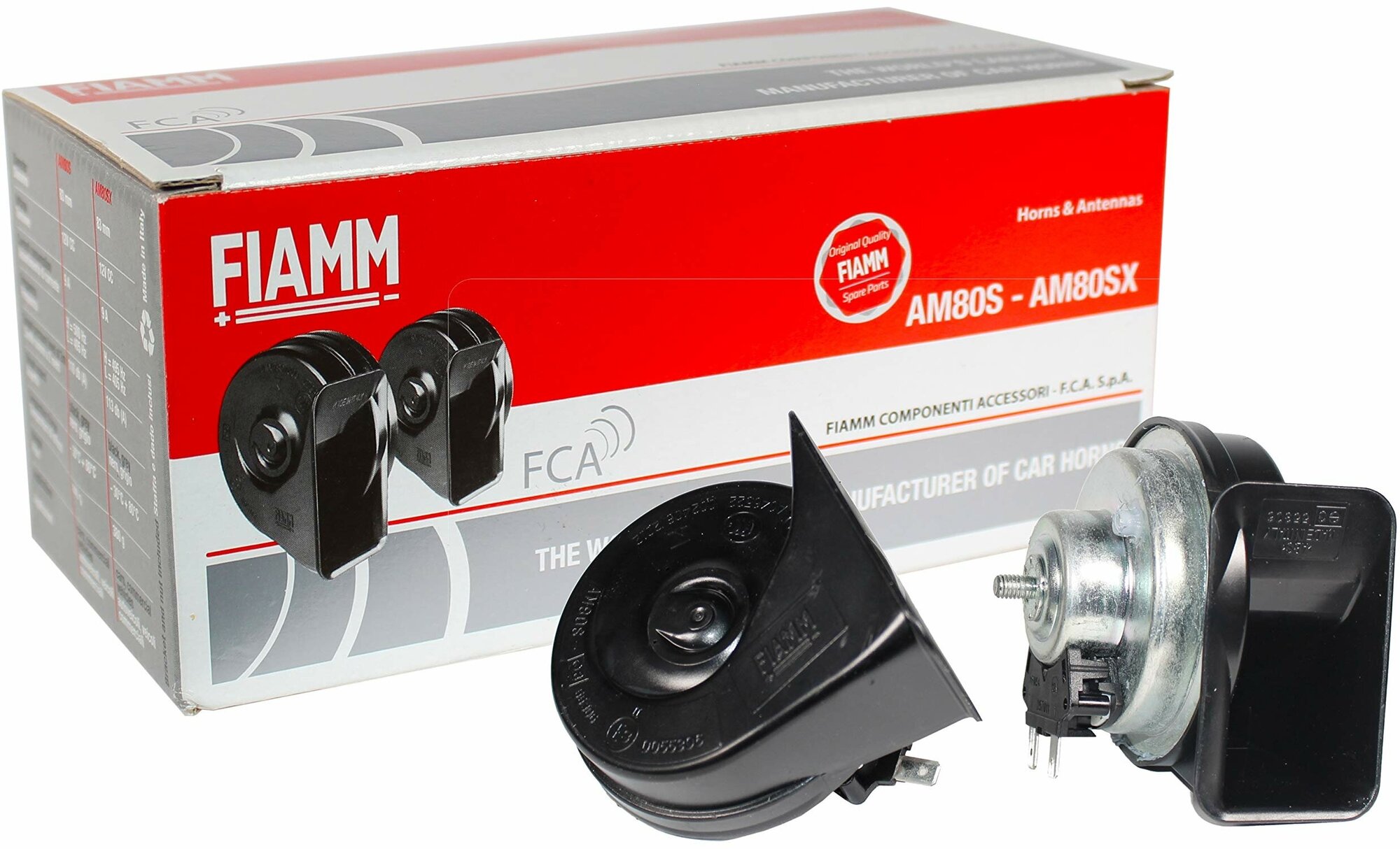 Звуковой сигнал Fiamm, электрический, 12V 500/405 Hz. рожок (улитка) чёрный с красн. AM80S Luxe (107dB), (Комплект 2 шт.) - Fiamm арт. 924648