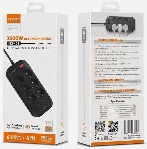 Изображение товара Сетевой фильтр LDNIO SE6403 6 розеток 2500W + 4 USB порта AUTO-ID