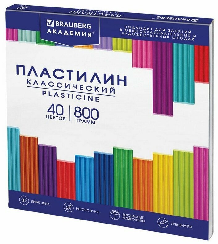 Пластилин классический BRAUBERG "академия классическая", 40 цветов, 800 г, стек, высшее качество, 106512