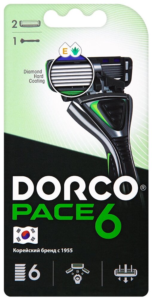 Бритвенный станок Dorco PACE6 (1 станок, 2 кассеты), 6 лезвий, плав. головка, крепление PACE