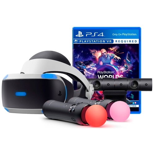 фото Шлем виртуальной реальности sony playstation vr (cuh-zvr2) + camera + 2 move motion controller + playstation vr worlds, черно-белый