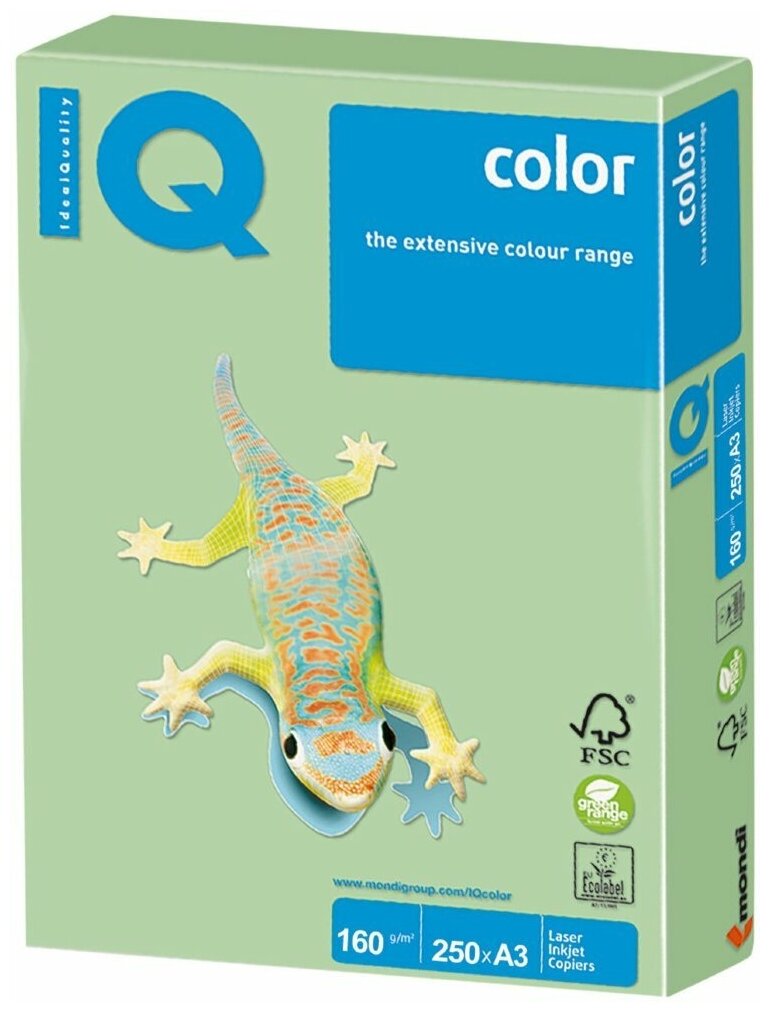 Бумага цветная IQ color большой формат (297х420 мм), А3, 160 г/м2, 250 л., пастель, зеленая, MG28