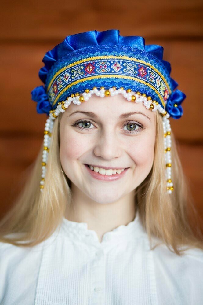 Кокошник русский народный традиционный "Инна", синий