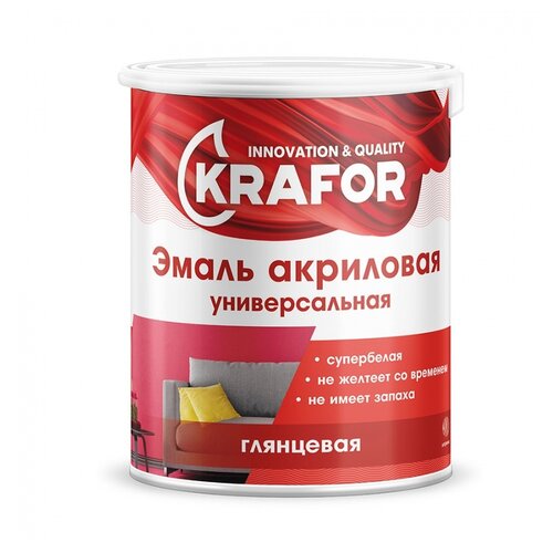Эмаль акриловая (АК) Krafor универсальная глянцевая, глянцевая, супербелый, 3 кг