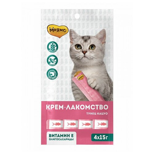 Мнямс, Крем-лакомство для кошек с тунцом Кацуо 15г х 4 штуки, 3 упаковки