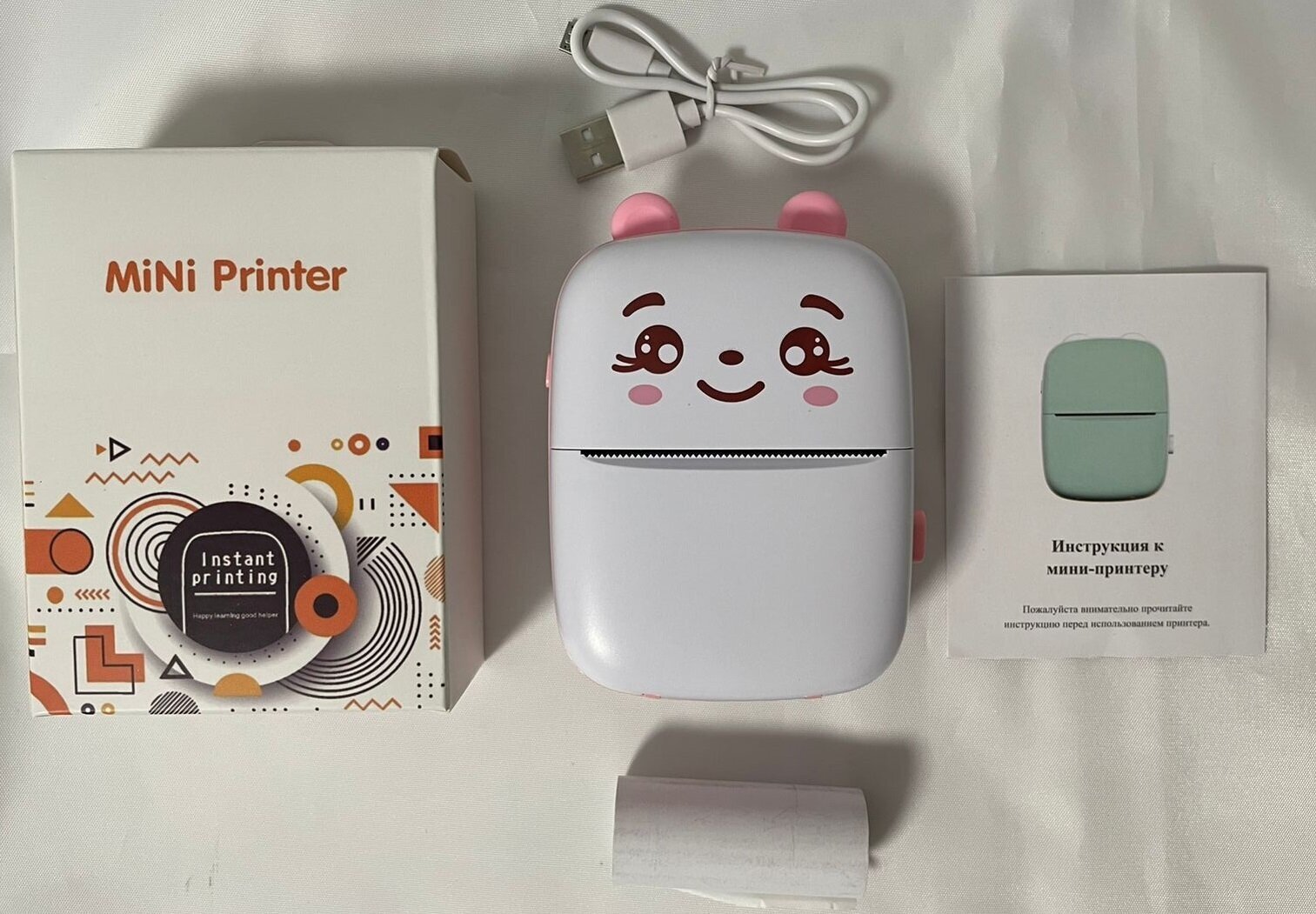 Детский мини термо принтер блютуз Mini Printer / портативный карманный принтер для смартфона белый с розовым