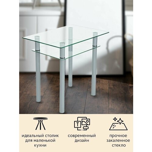 Стол кухонный маленький 78х55 см столешница из закаленного стекла (прозрачная), цвет ножек серебро