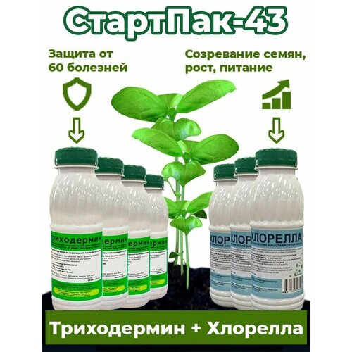 Набор для ускоренного роста и защиты растений СтартПак-43, биопрепараты для растений Корпус Агро - биофунгицид триходермин 4 бут. х250мл, биостимулятор хлорелла 3 бут. х250 мл