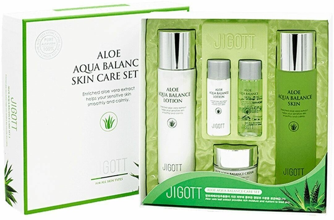 Jigott Набор для лица с экстрактом алоэ / Aloe Aqua Balance Skin Care 3 Set, 150 мл*2, 50 мл, 30 мл*2
