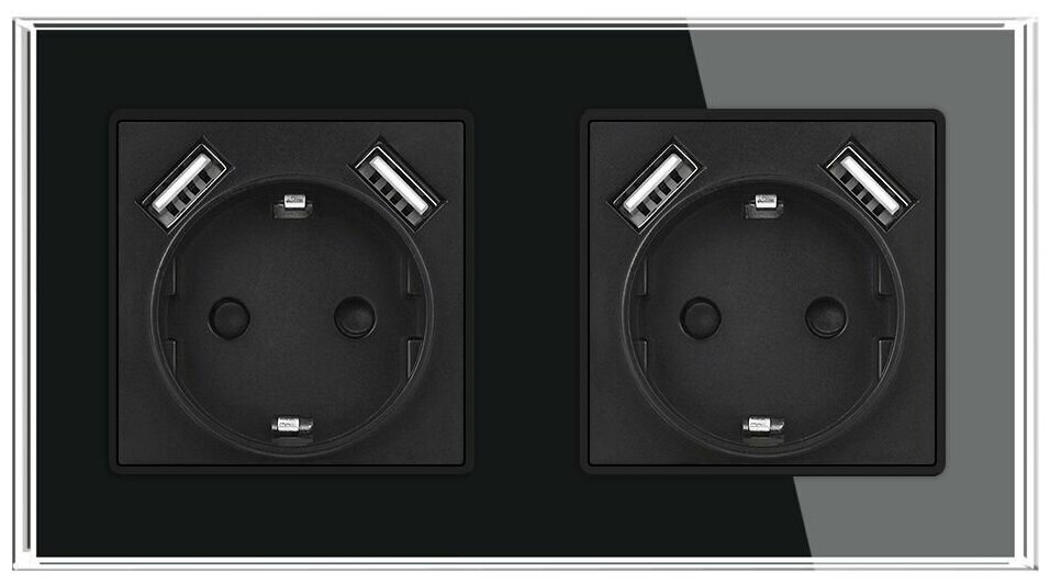 Розетка двойная с портами 4 x USB EU, 16А 250В, со шторками, рамка закаленное стекло, цвет чёрный - фотография № 8