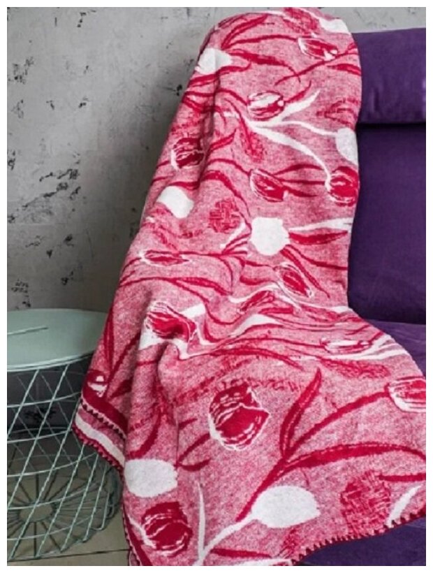 Одеяло байковое Ярослав 140х205 1,5 спальное тюльпаны красное