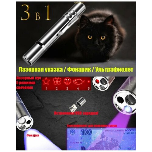 Лазерная указка с аккумулятором, игрушка для кошек и собак. лазерный луч, USB зарядка, фонарик УФ