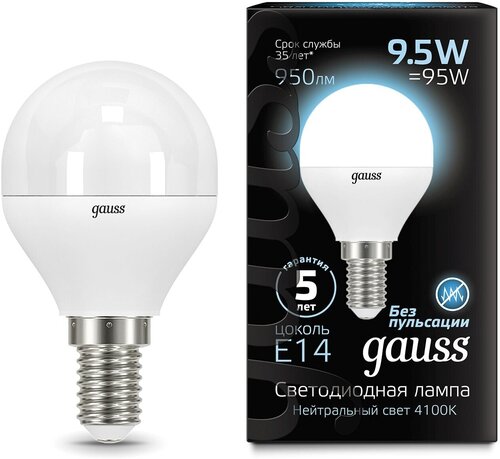 Упаковка светодиодных ламп 5 шт. gauss 105101210, E14, G45, 9.5 Вт, 4100 К