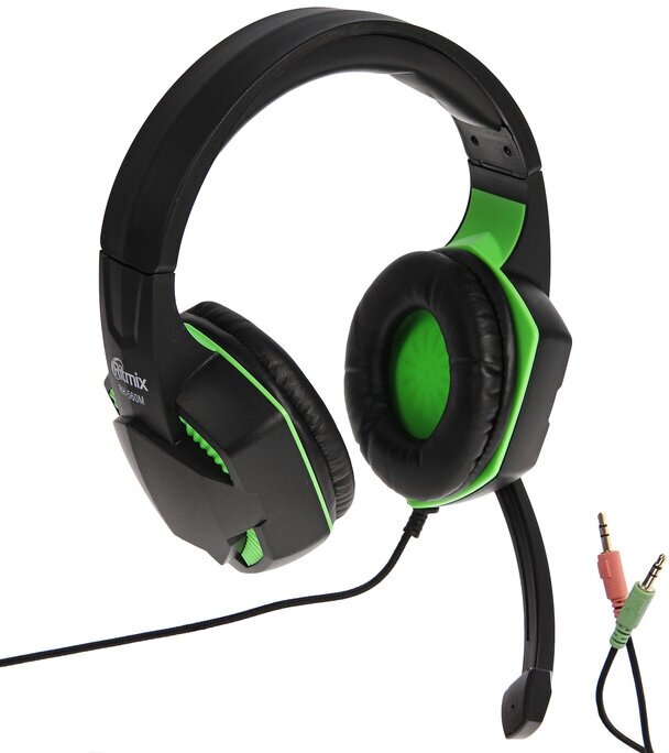 Наушники Ritmix RH-560M Gaming игровые полноразмерные микрофон3.5мм 1.8 м черно-зеленые